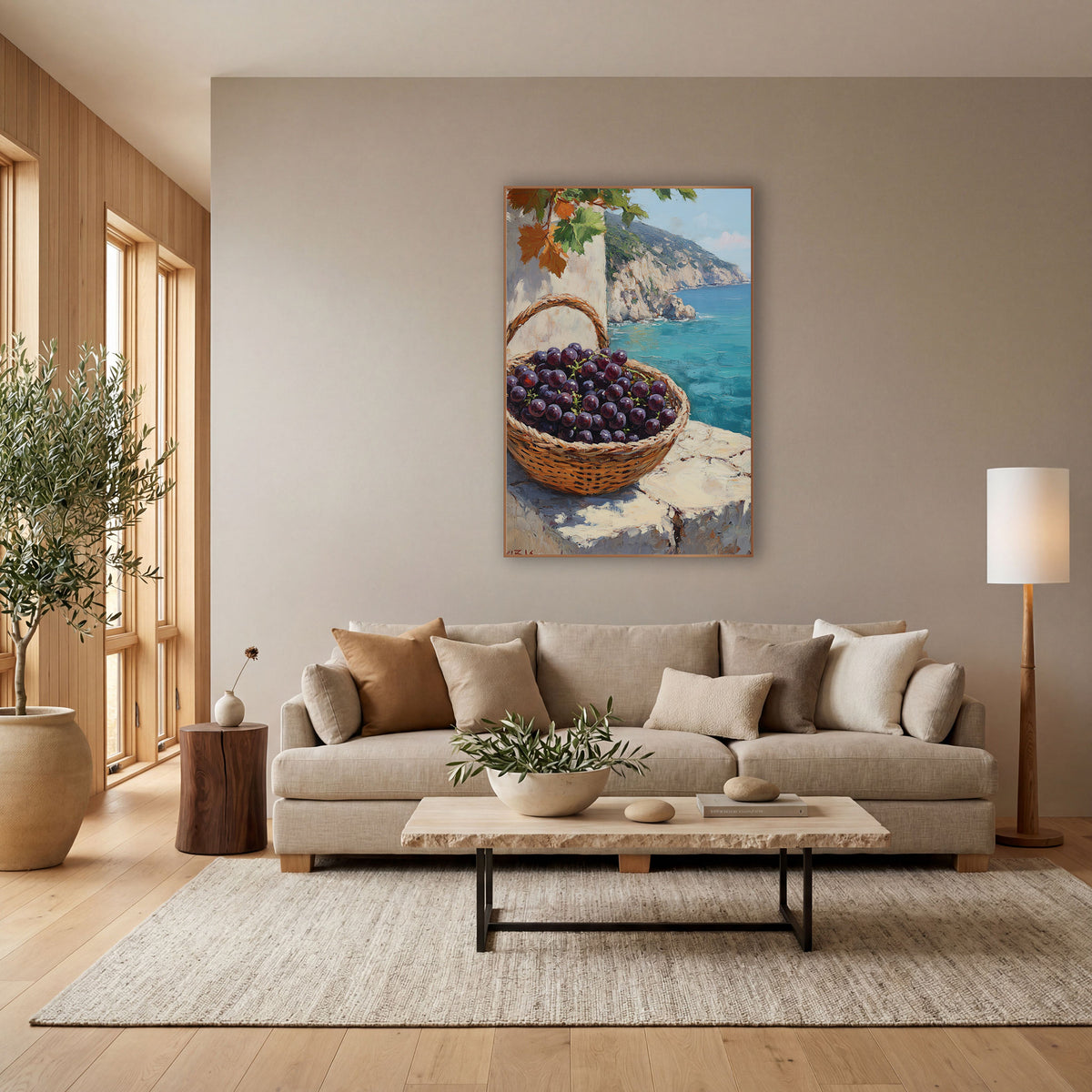 Handled Basket Dark Grapes Cliffside Coastal wall art in a bright coastal-style room – woven basket of dark purple