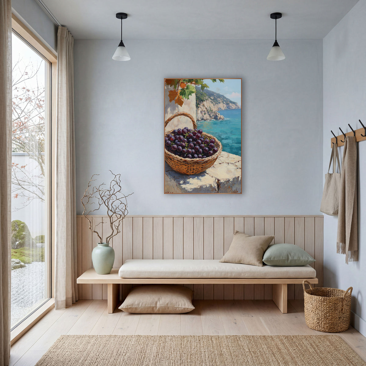 Handled Basket Dark Grapes Cliffside Coastal wall art in a bright coastal-style room – woven basket of dark purple