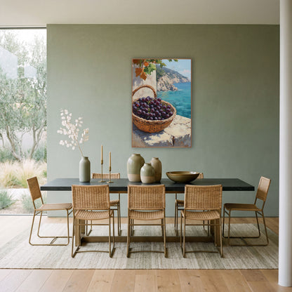 Handled Basket Dark Grapes Cliffside Coastal wall art in a bright coastal-style room – woven basket of dark purple
