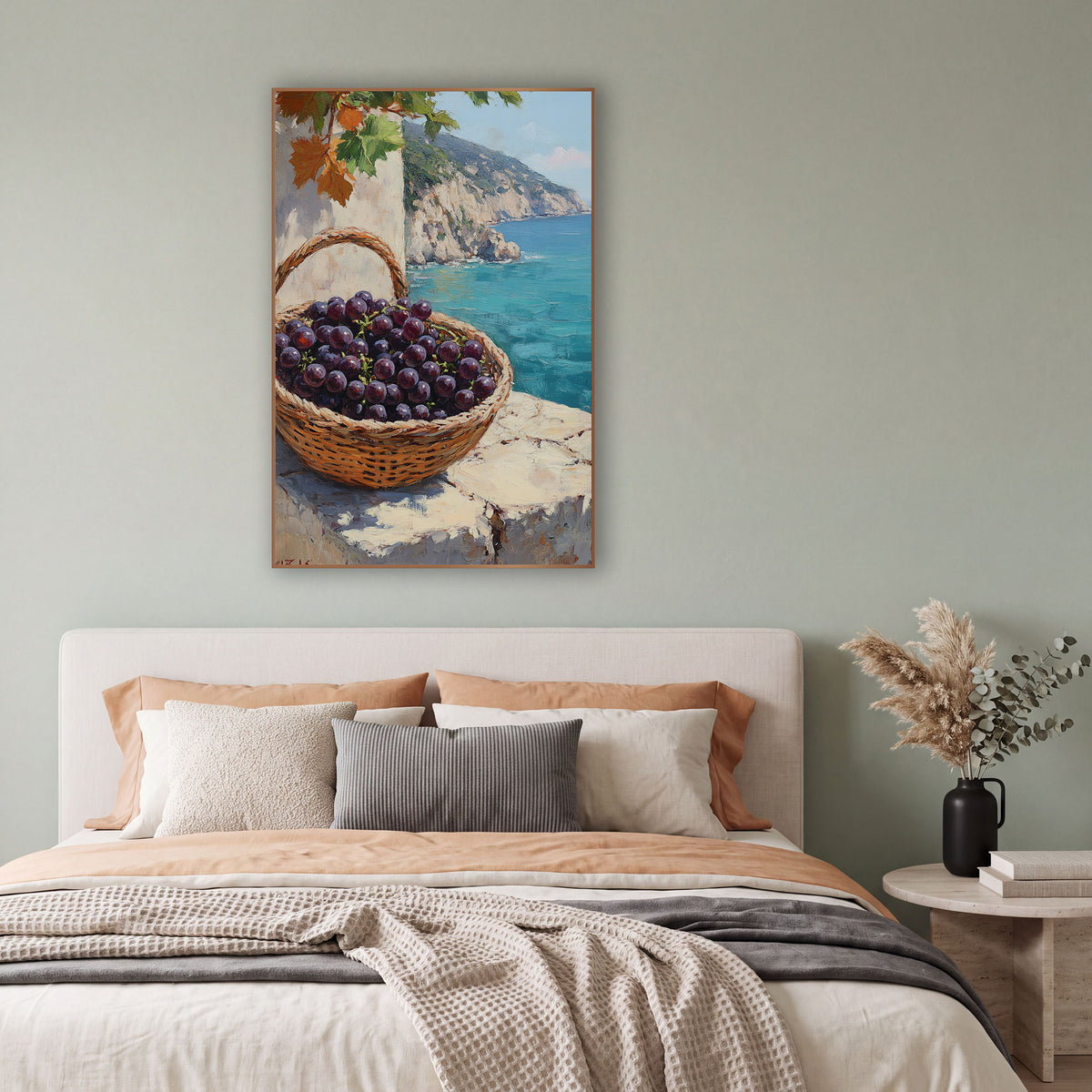 Handled Basket Dark Grapes Cliffside Coastal wall art in a bright coastal-style room – woven basket of dark purple