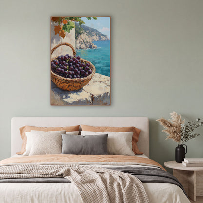 Handled Basket Dark Grapes Cliffside Coastal wall art in a bright coastal-style room – woven basket of dark purple