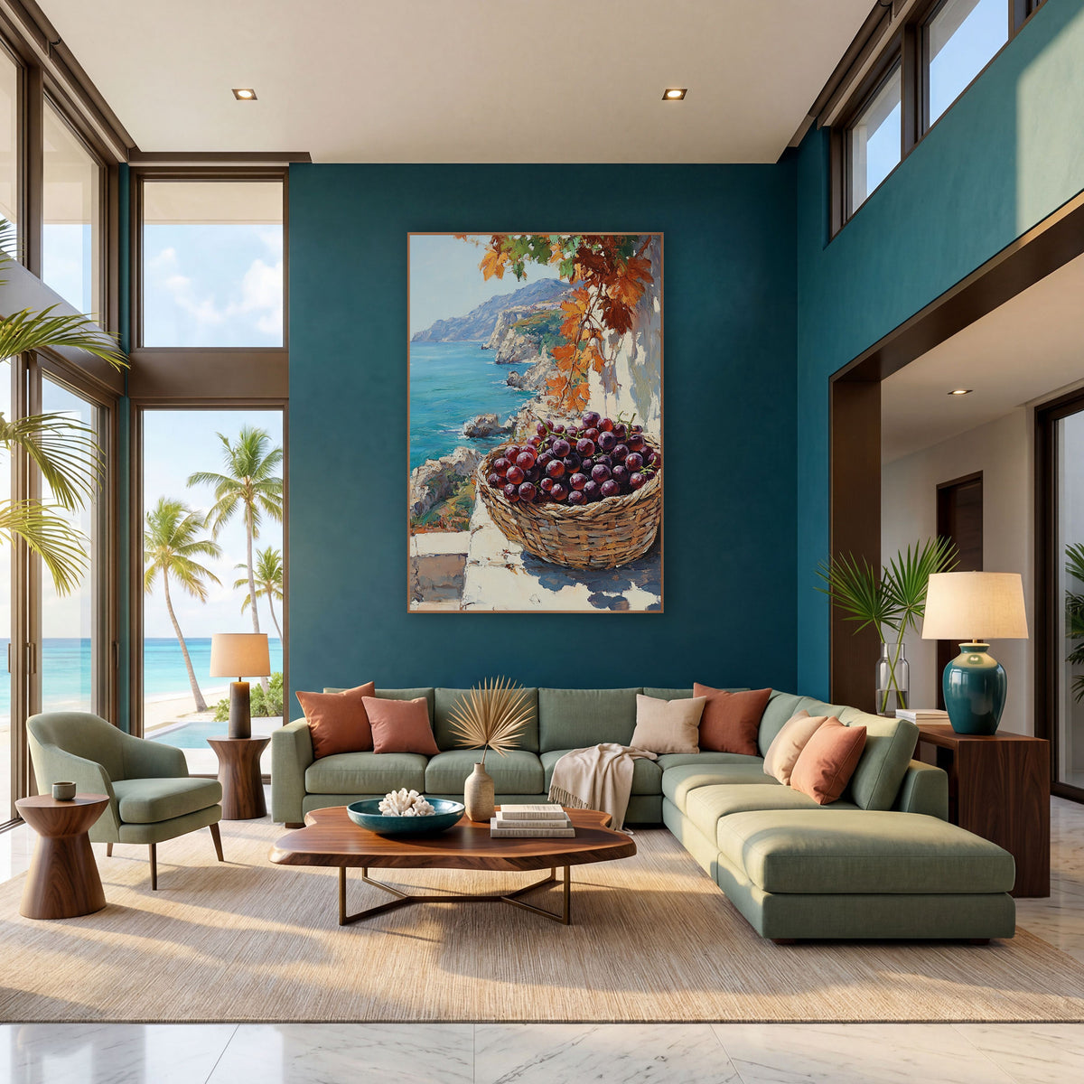 Purple Grapes Coastal Terrace Seascape wall art in a bright coastal-style room – woven basket of purple grapes