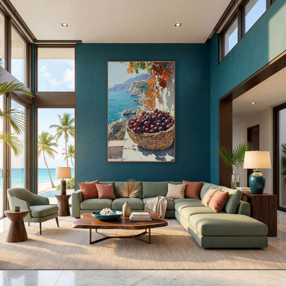 Purple Grapes Coastal Terrace Seascape wall art in a bright coastal-style room – woven basket of purple grapes