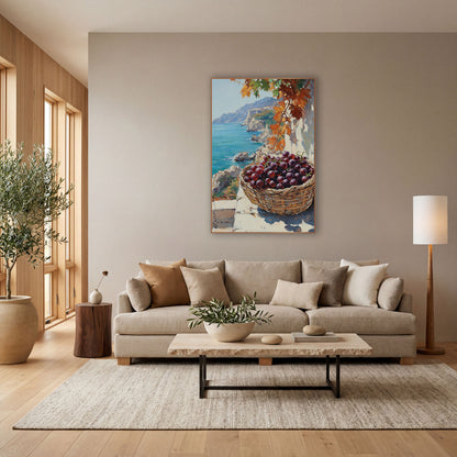 Purple Grapes Coastal Terrace Seascape wall art in a bright coastal-style room – woven basket of purple grapes
