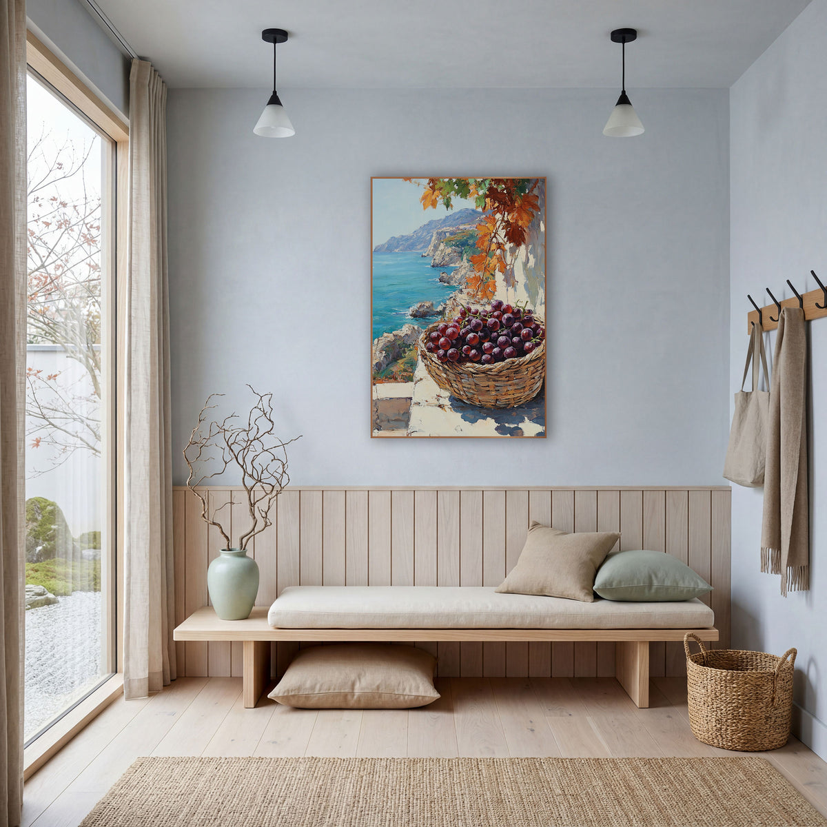 Purple Grapes Coastal Terrace Seascape wall art in a bright coastal-style room – woven basket of purple grapes