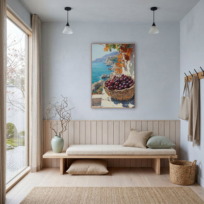 Purple Grapes Coastal Terrace Seascape wall art in a bright coastal-style room – woven basket of purple grapes
