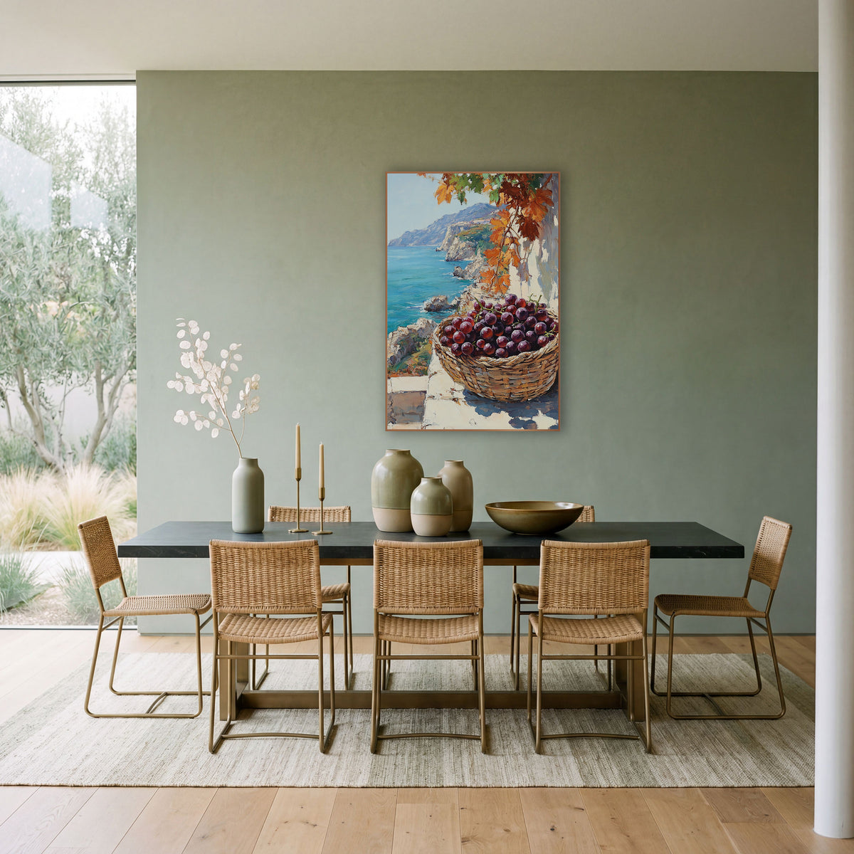 Purple Grapes Coastal Terrace Seascape wall art in a bright coastal-style room – woven basket of purple grapes