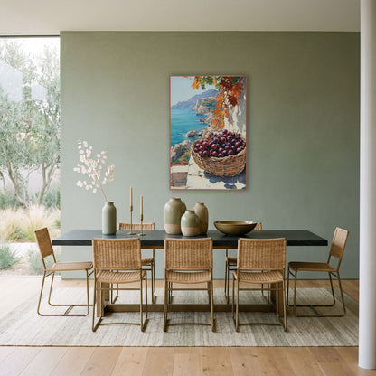 Purple Grapes Coastal Terrace Seascape wall art in a bright coastal-style room – woven basket of purple grapes