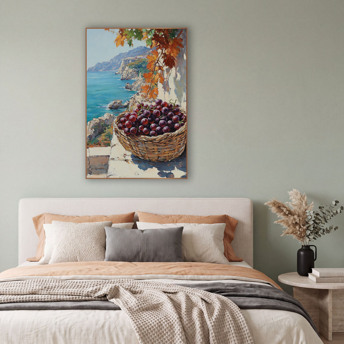 Purple Grapes Coastal Terrace Seascape wall art in a bright coastal-style room – woven basket of purple grapes
