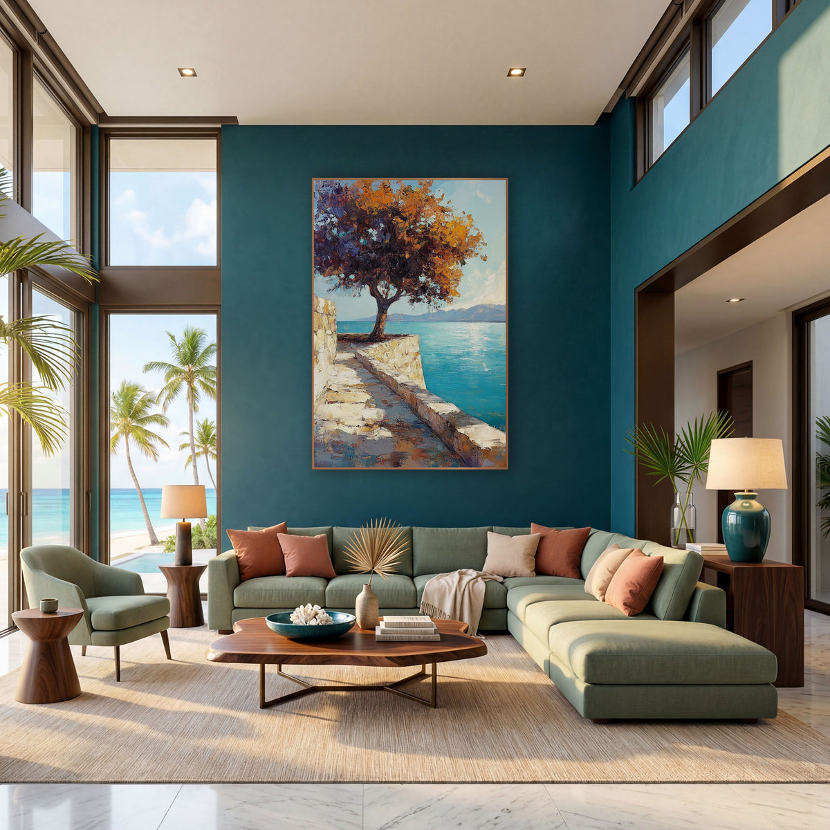 Lone Tree Turquoise Coastal Terrace wall art in a bright coastal-style room – tree with orange and purple leaves