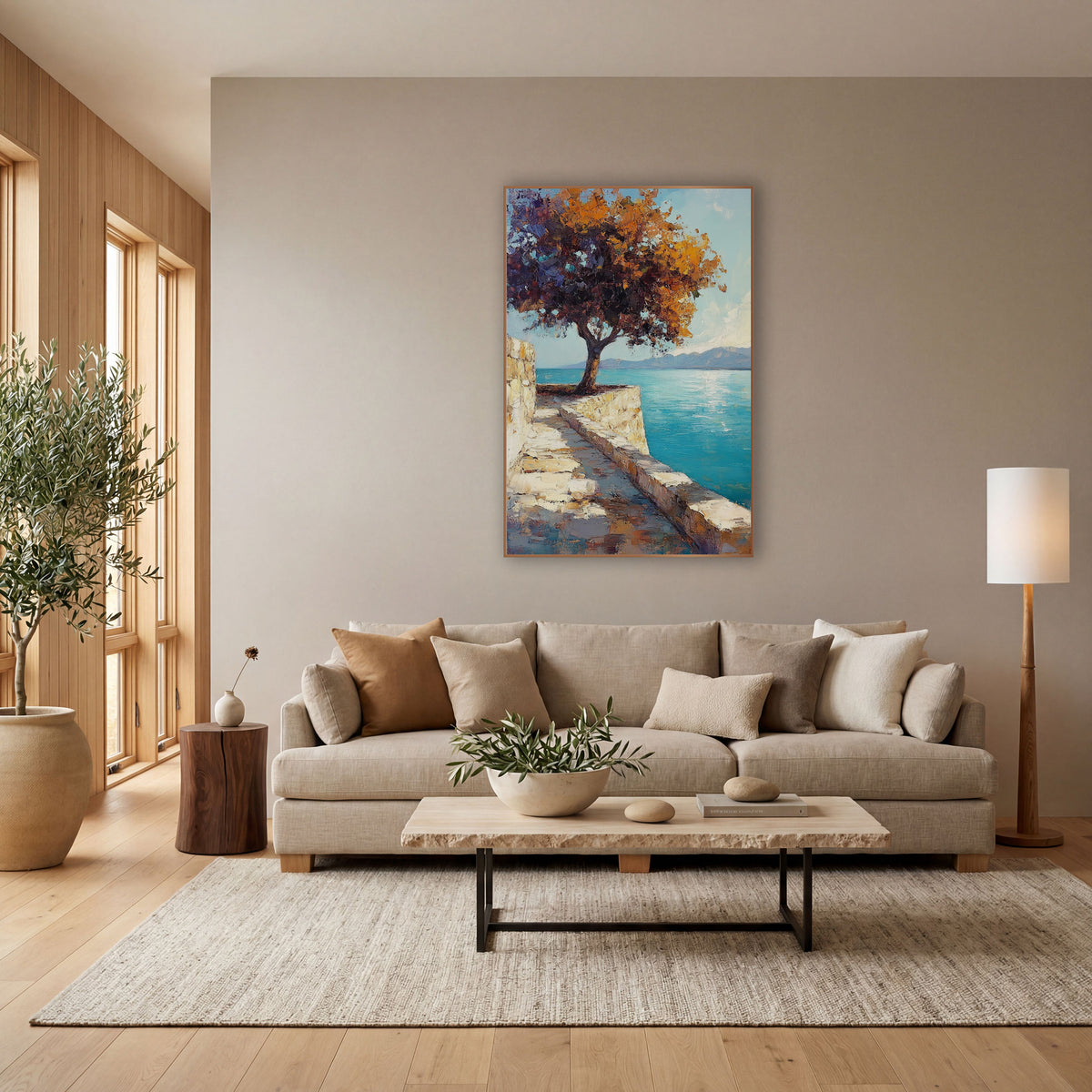 Lone Tree Turquoise Coastal Terrace wall art in a bright coastal-style room – tree with orange and purple leaves