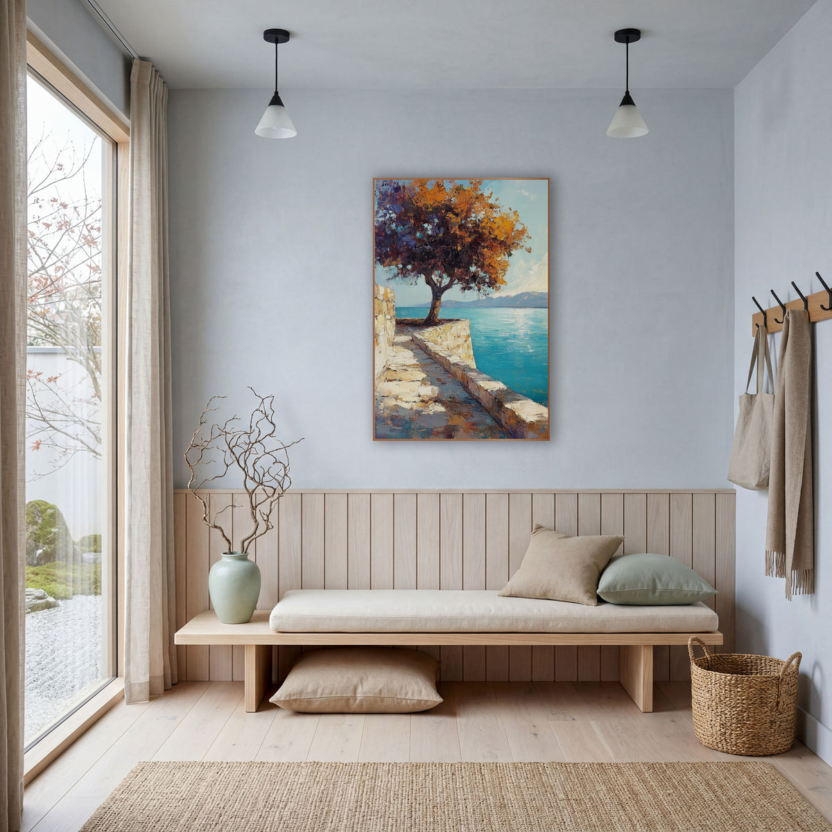 Lone Tree Turquoise Coastal Terrace wall art in a bright coastal-style room – tree with orange and purple leaves