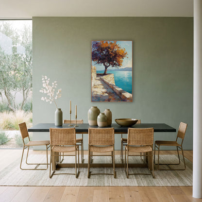 Lone Tree Turquoise Coastal Terrace wall art in a bright coastal-style room – tree with orange and purple leaves