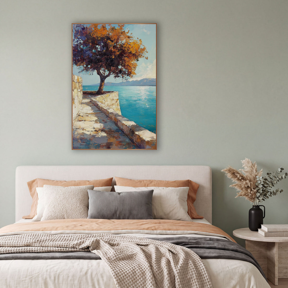 Lone Tree Turquoise Coastal Terrace wall art in a bright coastal-style room – tree with orange and purple leaves