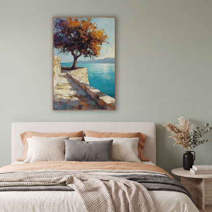 Lone Tree Turquoise Coastal Terrace wall art in a bright coastal-style room – tree with orange and purple leaves