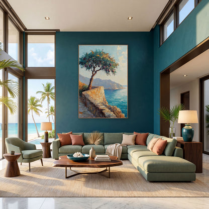 Coastal Fig Tree Seaside Landscape wall art in a bright coastal-style room – leaning fruit tree with purple fruit