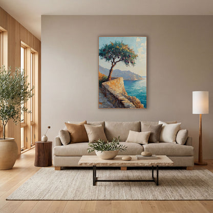 Coastal Fig Tree Seaside Landscape wall art in a bright coastal-style room – leaning fruit tree with purple fruit