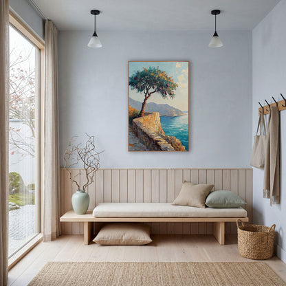 Coastal Fig Tree Seaside Landscape wall art in a bright coastal-style room – leaning fruit tree with purple fruit