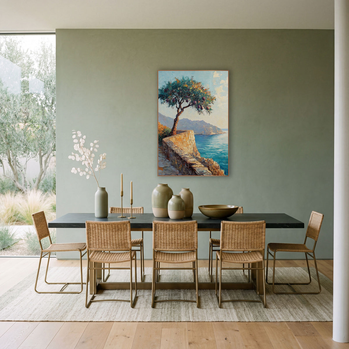 Coastal Fig Tree Seaside Landscape wall art in a bright coastal-style room – leaning fruit tree with purple fruit