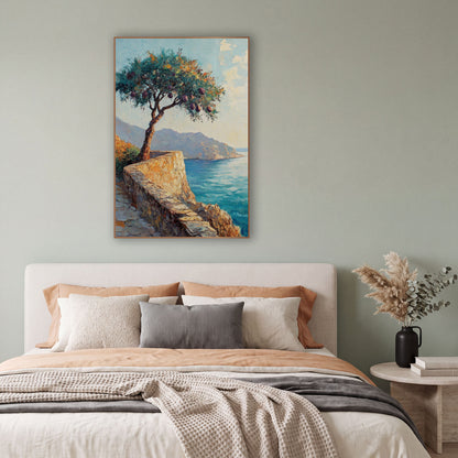 Coastal Fig Tree Seaside Landscape wall art in a bright coastal-style room – leaning fruit tree with purple fruit