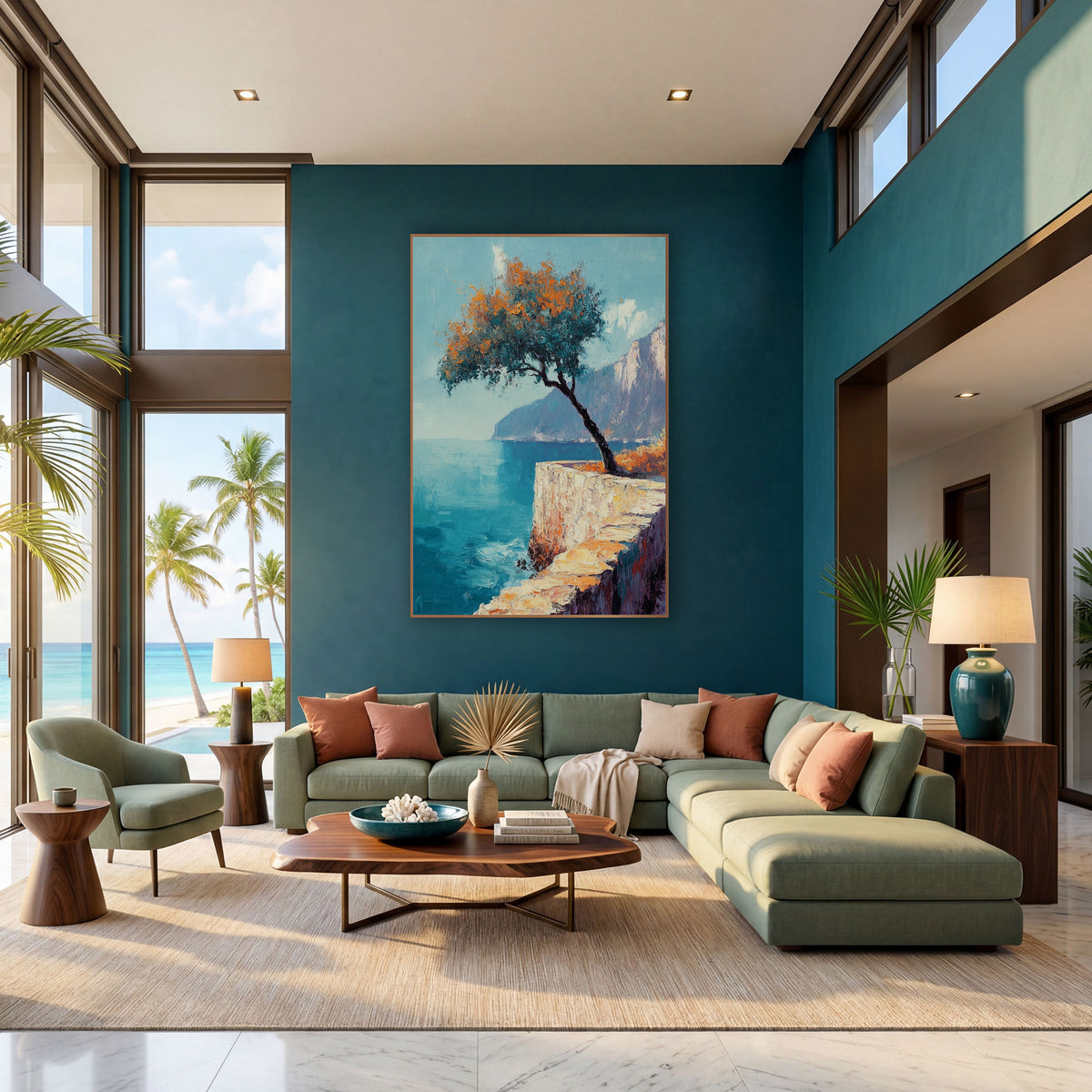 Leaning Tree Coastal Cliff Seascape wall art in a bright coastal-style room – coastal seascape with a leaning tree