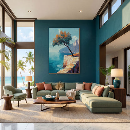 Leaning Tree Coastal Cliff Seascape wall art in a bright coastal-style room – coastal seascape with a leaning tree