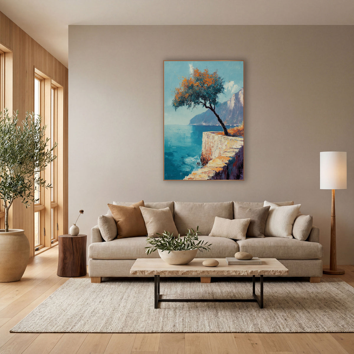 Leaning Tree Coastal Cliff Seascape wall art in a bright coastal-style room – coastal seascape with a leaning tree