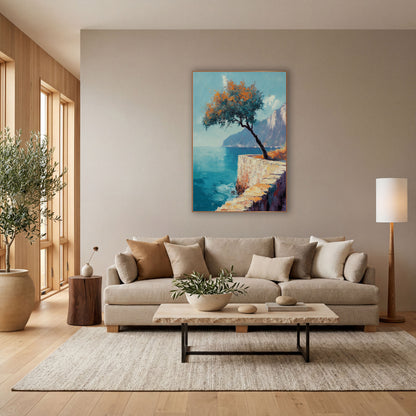 Leaning Tree Coastal Cliff Seascape wall art in a bright coastal-style room – coastal seascape with a leaning tree