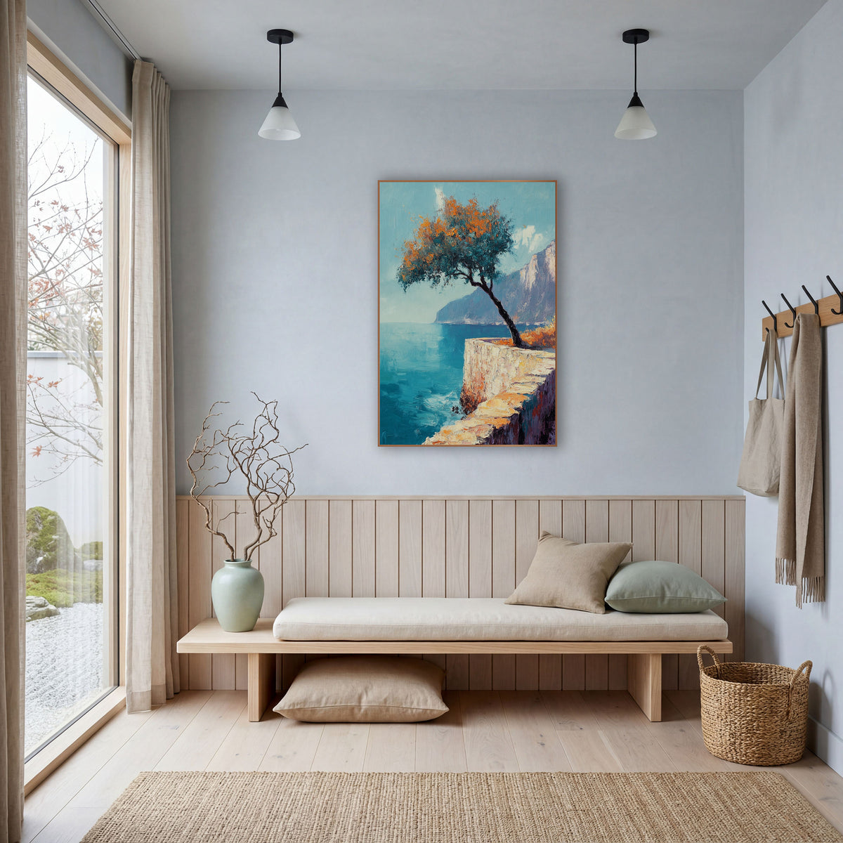 Leaning Tree Coastal Cliff Seascape wall art in a bright coastal-style room – coastal seascape with a leaning tree