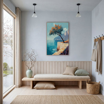 Leaning Tree Coastal Cliff Seascape wall art in a bright coastal-style room – coastal seascape with a leaning tree