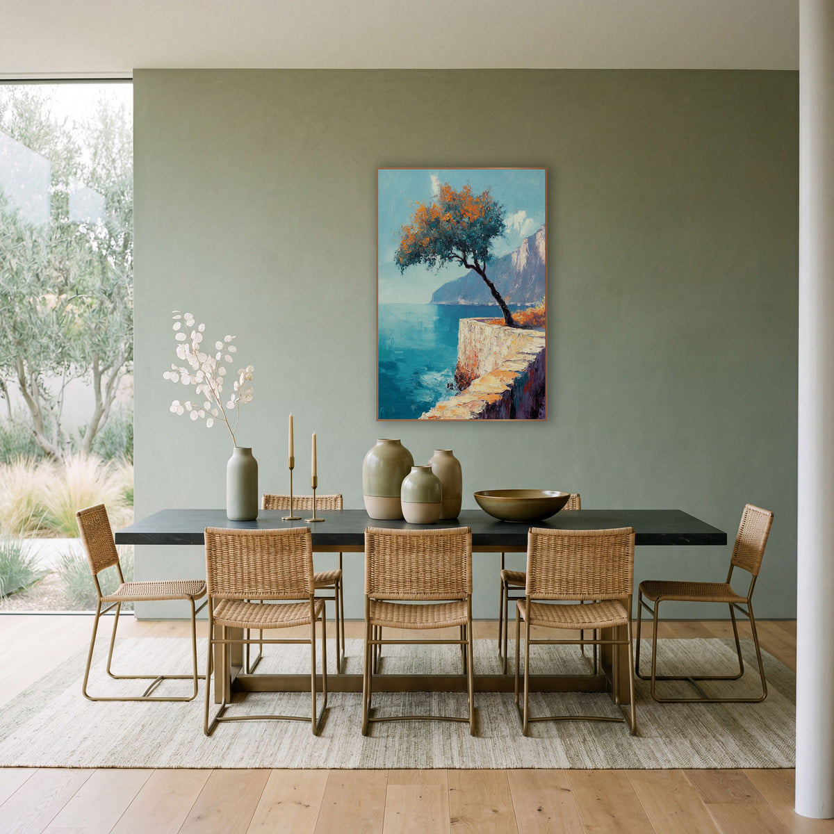 Leaning Tree Coastal Cliff Seascape wall art in a bright coastal-style room – coastal seascape with a leaning tree