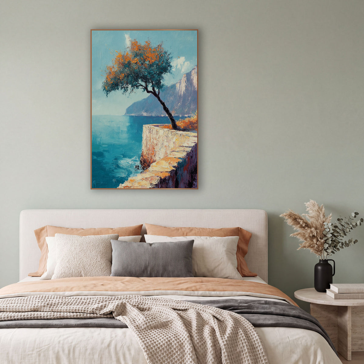 Leaning Tree Coastal Cliff Seascape wall art in a bright coastal-style room – coastal seascape with a leaning tree