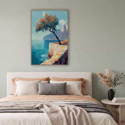 Leaning Tree Coastal Cliff Seascape wall art in a bright coastal-style room – coastal seascape with a leaning tree