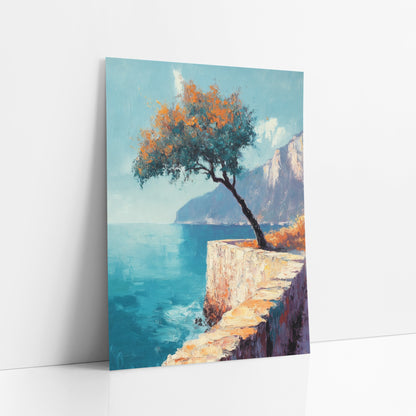 Leaning Tree Coastal Cliff Seascape art print leaning against a white wall – coastal seascape with a leaning tree with teal