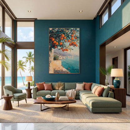 Orange Branch Coastal Terrace Seascape wall art in a bright coastal-style room – orange tree branch with ripe fruit