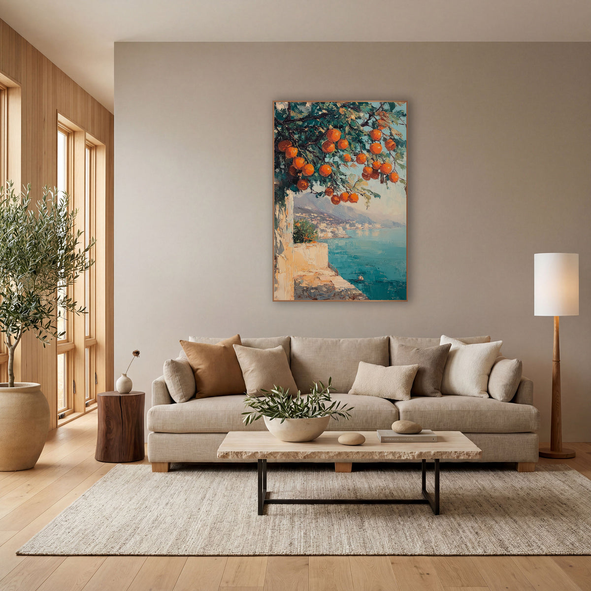 Orange Branch Coastal Terrace Seascape wall art in a bright coastal-style room – orange tree branch with ripe fruit