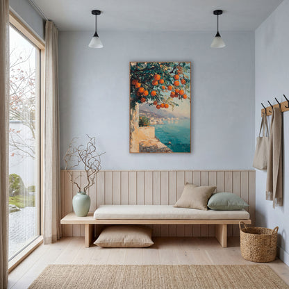 Orange Branch Coastal Terrace Seascape wall art in a bright coastal-style room – orange tree branch with ripe fruit