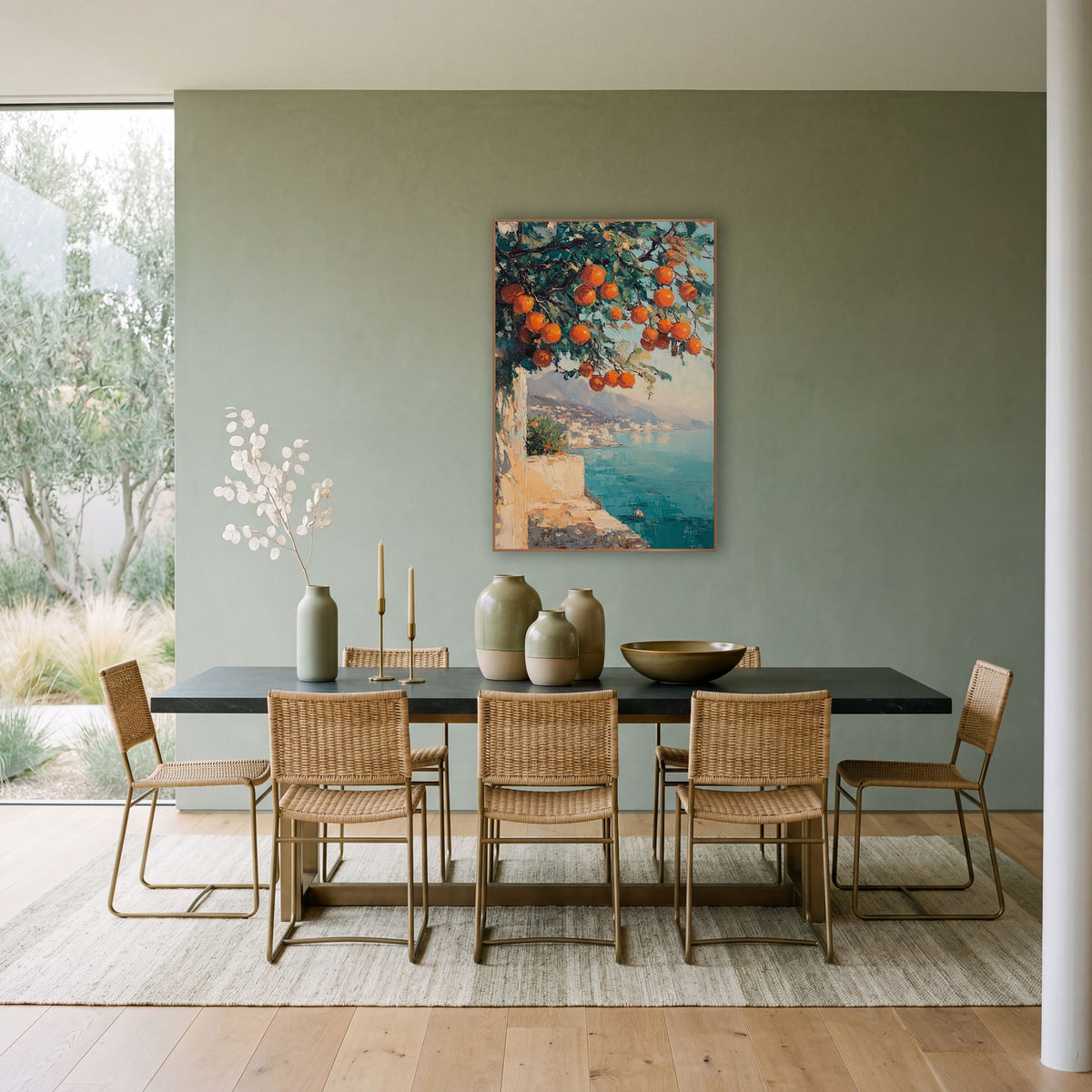 Orange Branch Coastal Terrace Seascape wall art in a bright coastal-style room – orange tree branch with ripe fruit