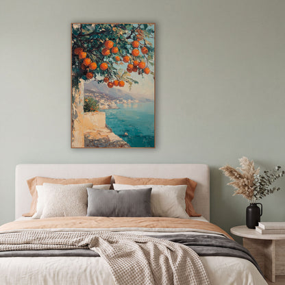 Orange Branch Coastal Terrace Seascape wall art in a bright coastal-style room – orange tree branch with ripe fruit