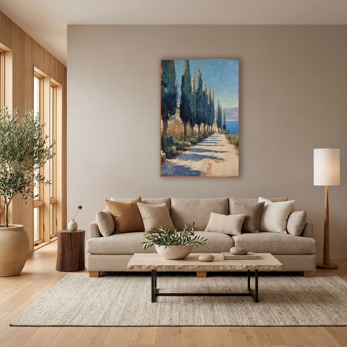 Cypress Lined Coastal Path Landscape wall art in a bright coastal-style room – tall dark cypress trees line a pale