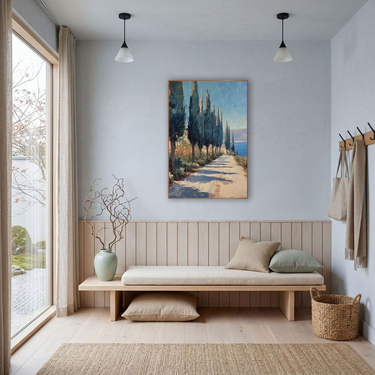 Cypress Lined Coastal Path Landscape wall art in a bright coastal-style room – tall dark cypress trees line a pale