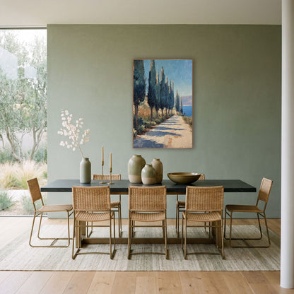 Cypress Lined Coastal Path Landscape wall art in a bright coastal-style room – tall dark cypress trees line a pale