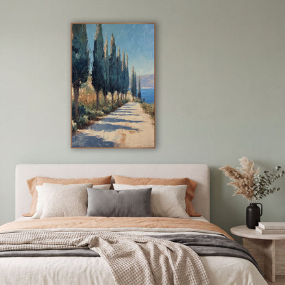 Cypress Lined Coastal Path Landscape wall art in a bright coastal-style room – tall dark cypress trees line a pale