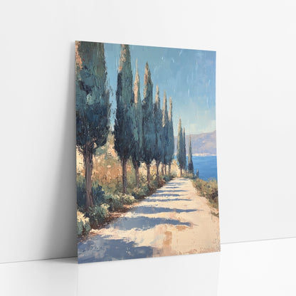 Cypress Lined Coastal Path Landscape art print leaning against a white wall – tall dark cypress trees line a pale sunlit path