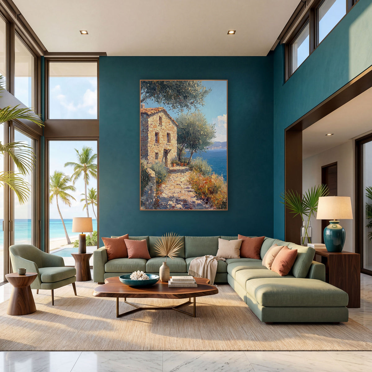 Olive Shaded Cobbled Path Cottage Coastal wall art in a bright coastal-style room – sunlit stone cottage with orange