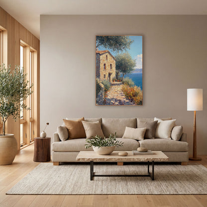 Olive Shaded Cobbled Path Cottage Coastal wall art in a bright coastal-style room – sunlit stone cottage with orange