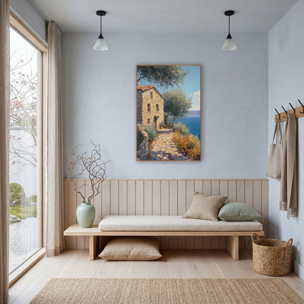 Olive Shaded Cobbled Path Cottage Coastal wall art in a bright coastal-style room – sunlit stone cottage with orange