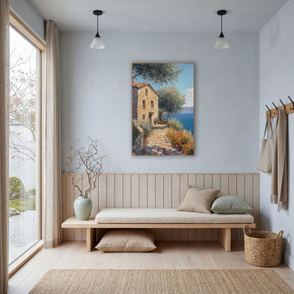 Olive Shaded Cobbled Path Cottage Coastal wall art in a bright coastal-style room – sunlit stone cottage with orange