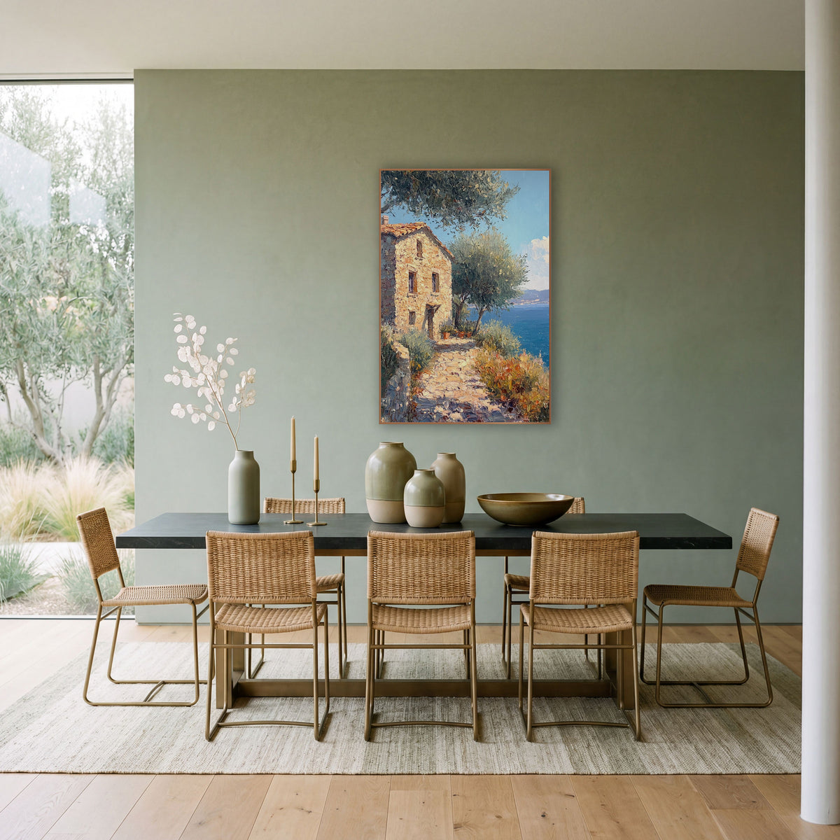Olive Shaded Cobbled Path Cottage Coastal wall art in a bright coastal-style room – sunlit stone cottage with orange