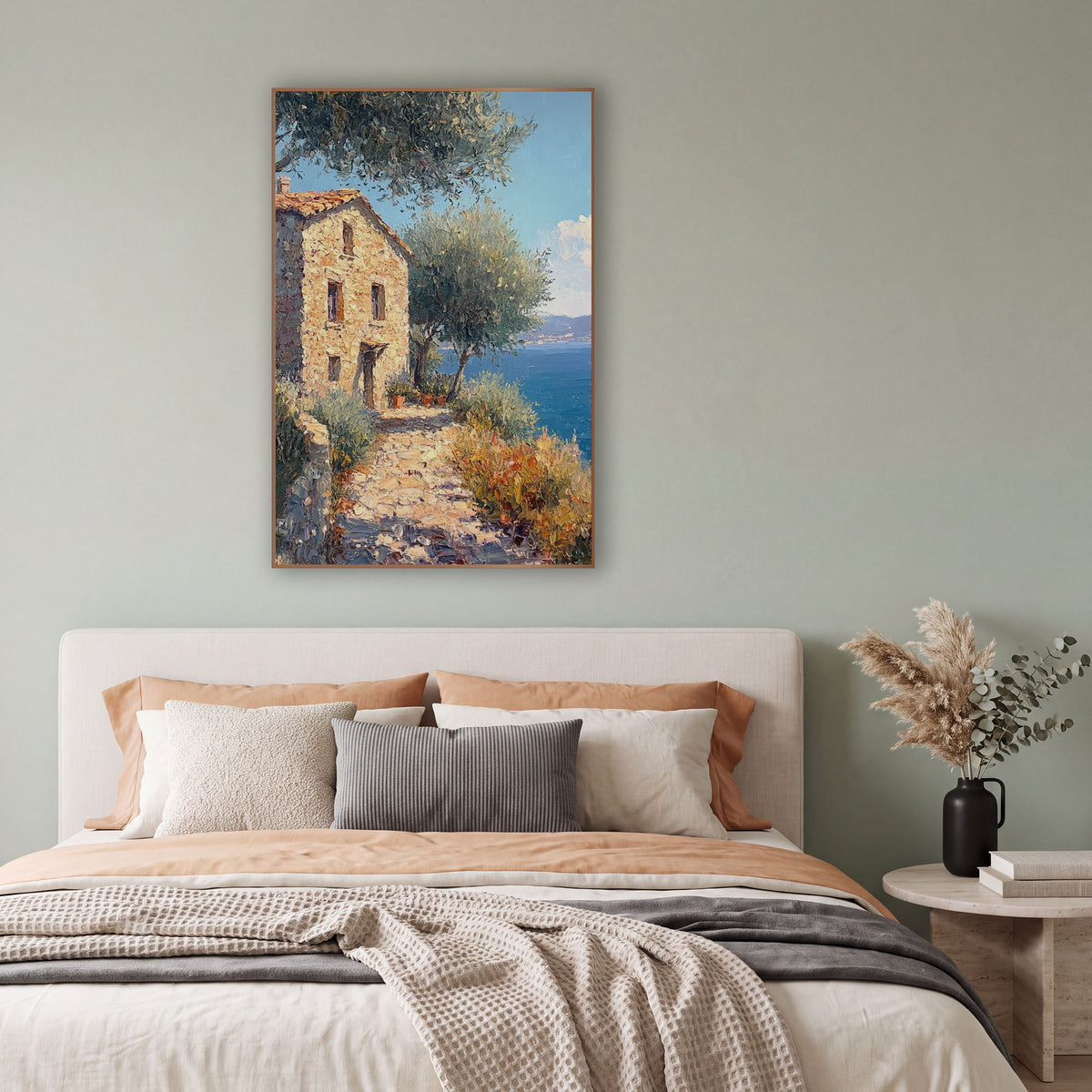 Olive Shaded Cobbled Path Cottage Coastal wall art in a bright coastal-style room – sunlit stone cottage with orange